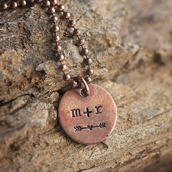 Custom Initial Necklace | Hand-stamped Copper Pendant Jewelry Anniversary Gifts for her Heart Arrow Girlfriend Wife Fiancee Love