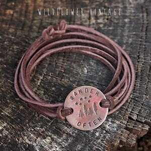 Wander Often Leather Wrap Bracelet Hand-Stamped Copper Chocolate Brown Suede Unisex Jewelry Outdoorsy Forest Hike Go Outside Gifts image 4