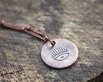 Third Eye Necklace | Hand-stamped Copper Talisman Evil Eye Good Luck Protection