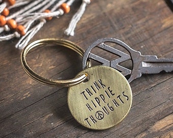 Think Hippie Thoughts key chain | Hand Stamped Brass | Peace Sign Boho Retro Key Ring