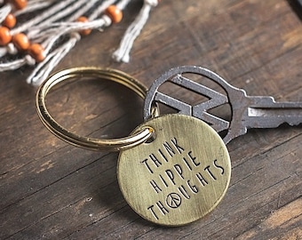 Think Hippie Thoughts key chain | Hand Stamped Brass | Peace Sign Boho Retro Key Ring