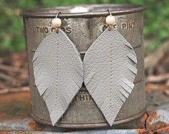 Cool Gray Leather Leaf Earrings | Boho Style Fringe Jewelry Neutral Gifts for her