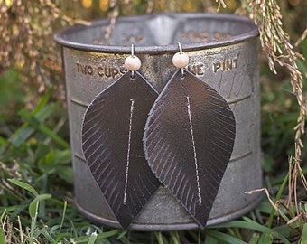 Black Leather Leaf Earrings | Boho Style Fringe Feather Jewelry Sterling Silver Gifts for Her