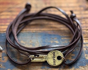 Vintage Key Leather Wrap Bracelet | Hand-Stamped Repurposed Personalized Customized Boho Jewelry