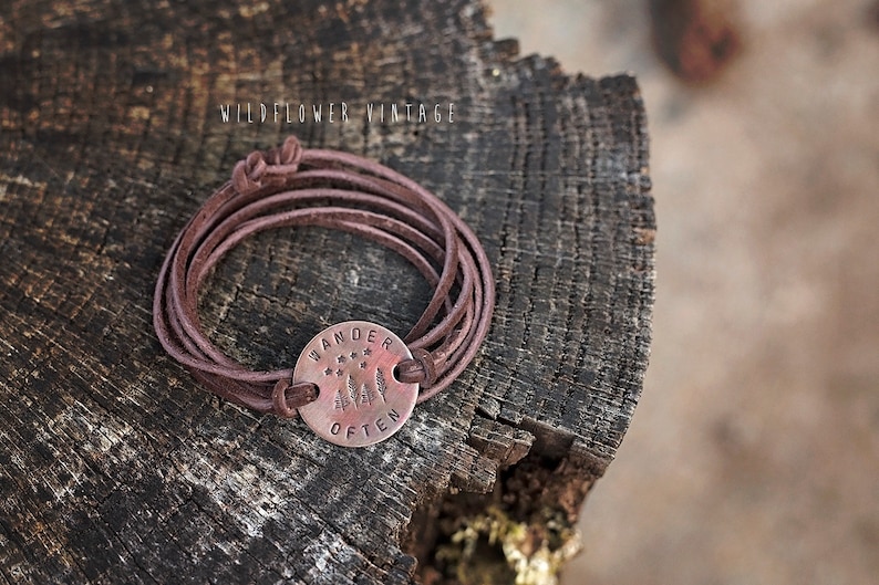 Wander Often Leather Wrap Bracelet Hand-Stamped Copper Chocolate Brown Suede Unisex Jewelry Outdoorsy Forest Hike Go Outside Gifts image 4