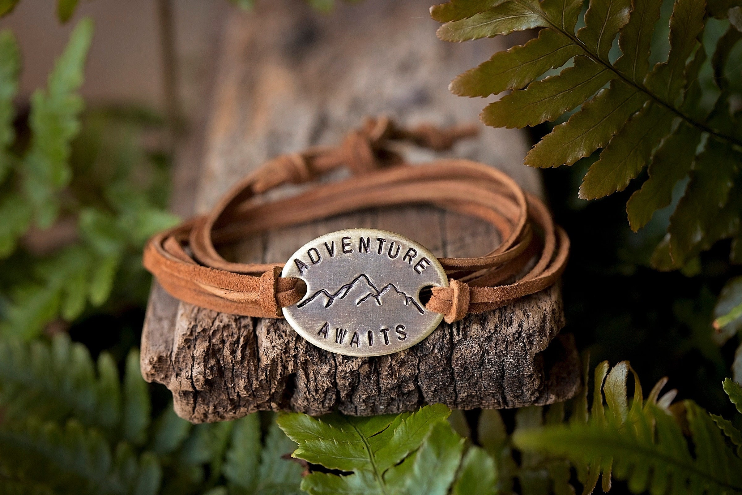 Adventure Awaits Leather Wrap Bracelet Mountain Hand stamped