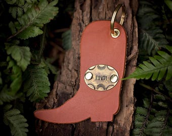 Howdy Leather Cowboy Boot Keychain | Cowgirl Western Hand Stamped Key Chain
