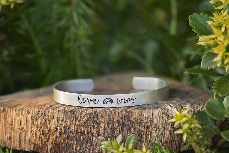 Love Wins Pride Bracelet Hand Stamped Gifts LGBTQ Jewelry
