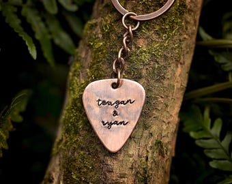 Personalized Guitar Pick Keychain |  Custom Hand Stamped Copper Personalized | Music Lover Gift