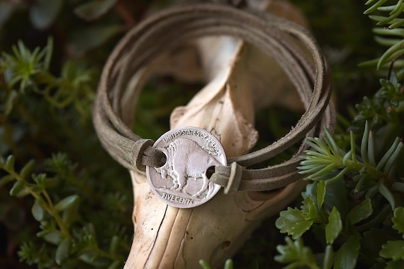 Buffalo Nickel Leather Wrap Bracelet Hand stamped Vintage Bison Coin Roam Unisex Jewelry Outdoorsy Etsy