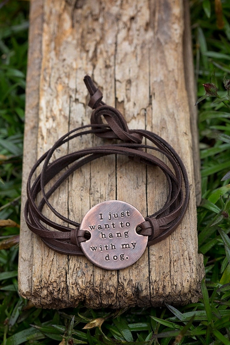 I Just Want to Hang With my Dog Leather Wrap Bracelet Hand Stamped Copper Dog Cat Fur Mama Gifts for Pet Lovers image 3