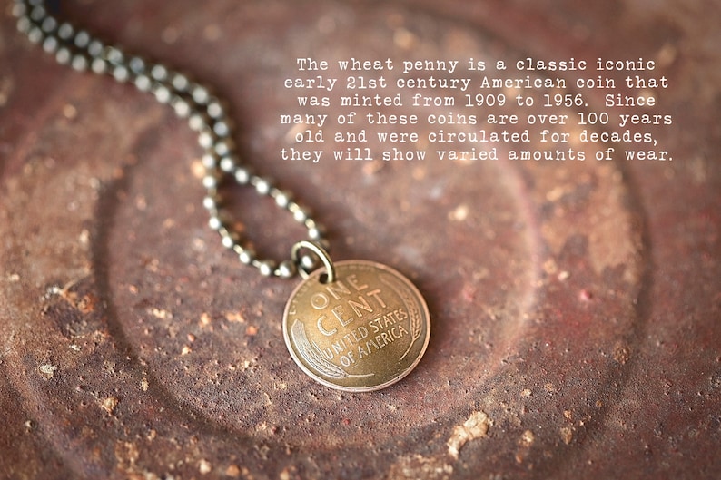 May include: A copper-colored pendant necklace featuring a vintage one-cent coin with the inscription "ONE CENT UNITED STATES OF AMERICA".
