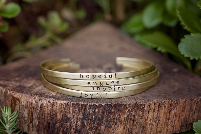 CUSTOM Word of the Year Bracelet Intention Setting Mindfulness Mantra Personalized Skinny Stacking Cuff Hand Stamped Jewelry Gift brass (gold)