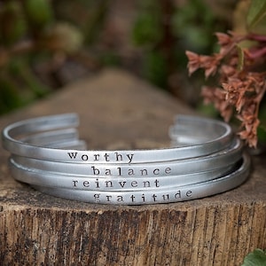 CUSTOM Word of the Year Bracelet Intention Setting Mindfulness Mantra Personalized Skinny Stacking Cuff Hand Stamped Jewelry Gift aluminum (silver)