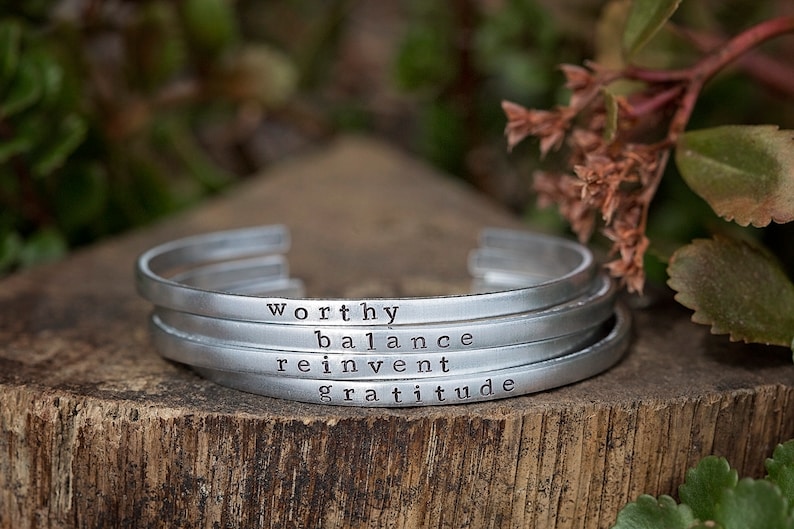 CUSTOM Word of the Year Bracelet Intention Setting Mindfulness Mantra Personalized Skinny Stacking Cuff Hand Stamped Jewelry Gift aluminum (silver)