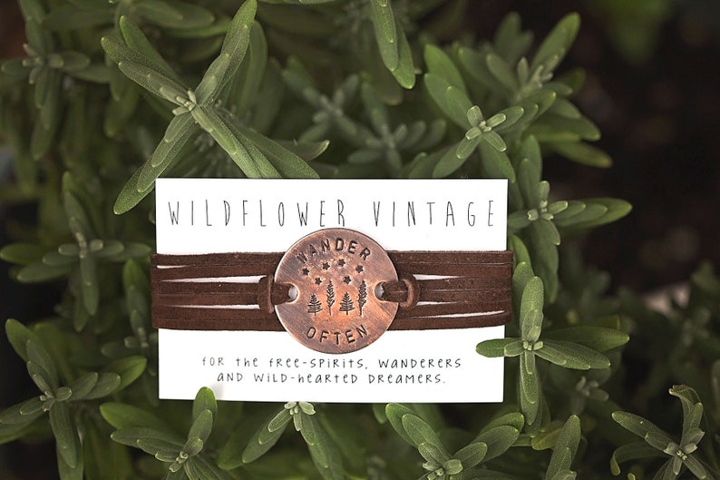 Wander Often Leather Wrap Bracelet Hand-Stamped Copper Chocolate Brown Suede Unisex Jewelry Outdoorsy Forest Hike Go Outside Gifts image 5