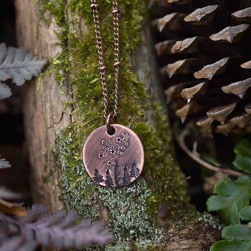 Night Sky Forest Nature Necklace | Outdoorsy Adventure Camping Hand-Stamped Copper Pendant Jewelry