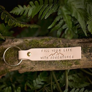 Hand Stamped Leather Keychain | Mountain Range Adventure Travel Gift