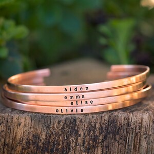 Skinny Name Bracelet Personalized Stacking Cuff Mother's Day Kids Name Minimalist Jewelry Hand Stamped New Mom Push Gift Baby Shower copper