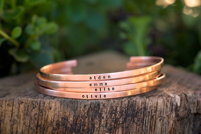 Skinny Name Bracelet Personalized Stacking Cuff Mother's Day Kids Name Minimalist Jewelry Hand Stamped New Mom Push Gift Baby Shower copper