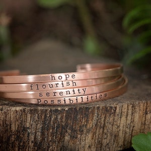 CUSTOM Word of the Year Bracelet Intention Setting Mindfulness Mantra Personalized Skinny Stacking Cuff Hand Stamped Jewelry Gift copper (rose gold)