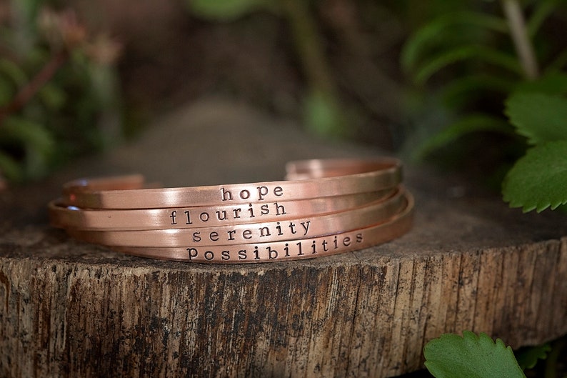 CUSTOM Word of the Year Bracelet Intention Setting Mindfulness Mantra Personalized Skinny Stacking Cuff Hand Stamped Jewelry Gift copper (rose gold)