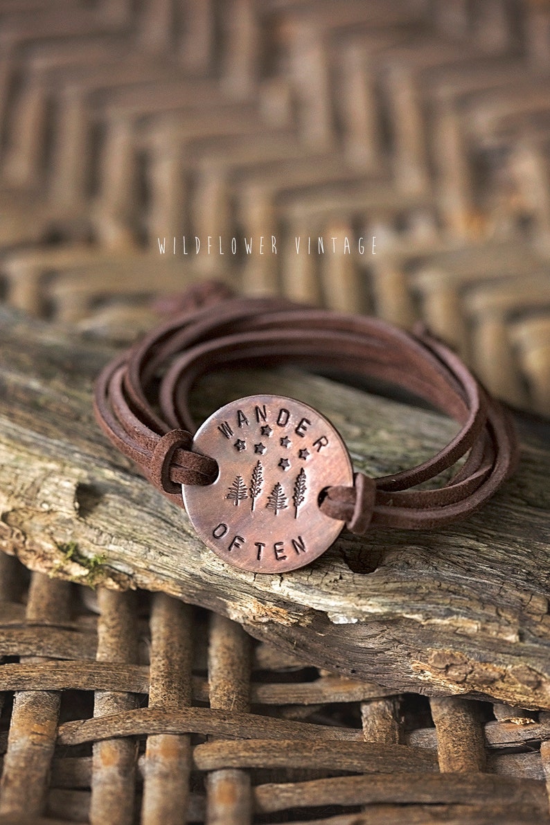 Wander Often Leather Wrap Bracelet Hand-Stamped Copper Chocolate Brown Suede Unisex Jewelry Outdoorsy Forest Hike Go Outside Gifts image 1