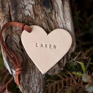 Personalized Leather Heart Tag | Hand Stamped Name, Wedding Favor image 1