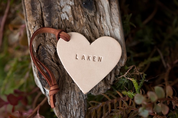 Personalized Leather Heart Gift Tag | Name Tag | Custom Hand Stamped Love Wedding Favor Luggage Tag