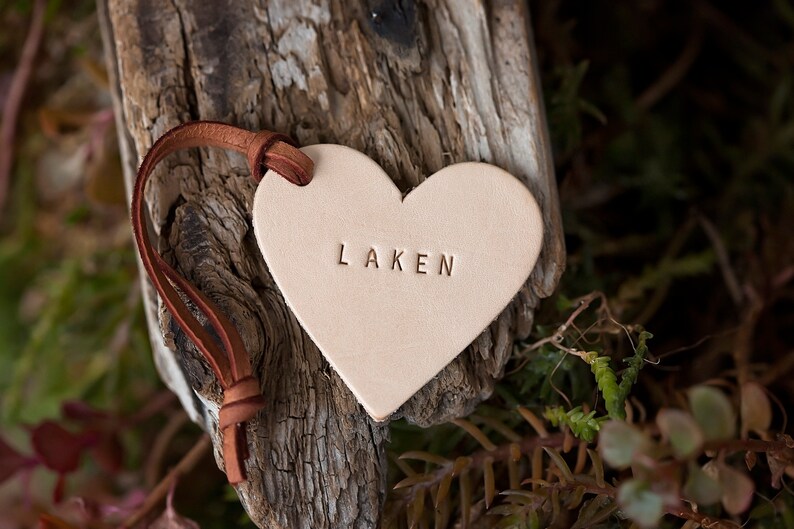 Personalized Leather Heart Tag | Hand Stamped Name, Wedding Favor image 1