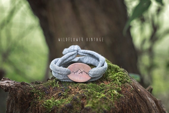 Mountain Range T shirt Wrap Bracelet Hand stamped Copper Stretch