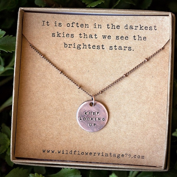 Hand Stamped Copper Pendant Necklace | Keep Looking Up Encouragement Gift
