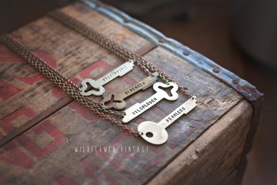 Custom Horizontal Key Necklace Hand Stamped Vintage Personalized
