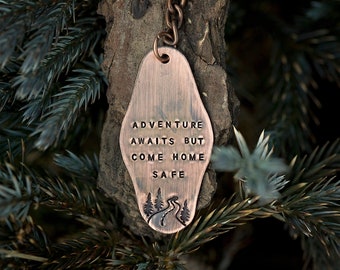 New Driver Keychain | Adventure Awaits but Come Home Safe | Hand-stamped Copper Key Ring | Key Chain