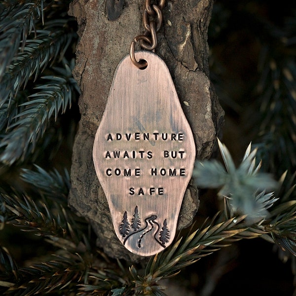 New Driver Keychain | Adventure Awaits but Come Home Safe | Hand-stamped Copper Key Ring | Key Chain