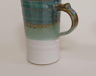 LARGE   16 oz. COFFEE MUG, Handmade  Stoneware Coffee Cup in Green/ White Glaze - Dishwasher, Oven & Microwave Safe Pottery