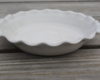 HANDMADE PIE PLATE,  Stoneware in White Glaze Finish  - Dishwasher, Oven & Microwave Safe Pottery
