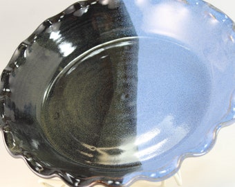 HANDMADE PIE PLATE, Stoneware in Blue and Black Glaze Finish - Dishwasher, Oven & Microwave Safe Pottery