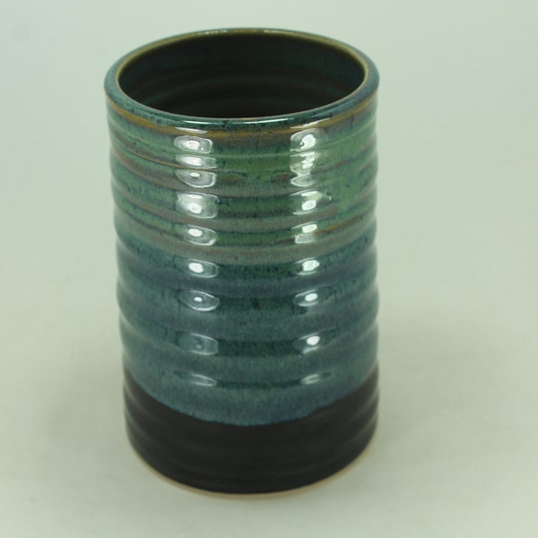 MULTI USES! Handmade Stoneware Wine Chiller,  Flower Vase, Utensil Holder in   Green and Black Glaze Finish