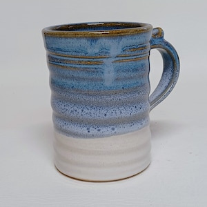 Handmade Stoneware Coffee Mug, Blue and White Glaze Pottery