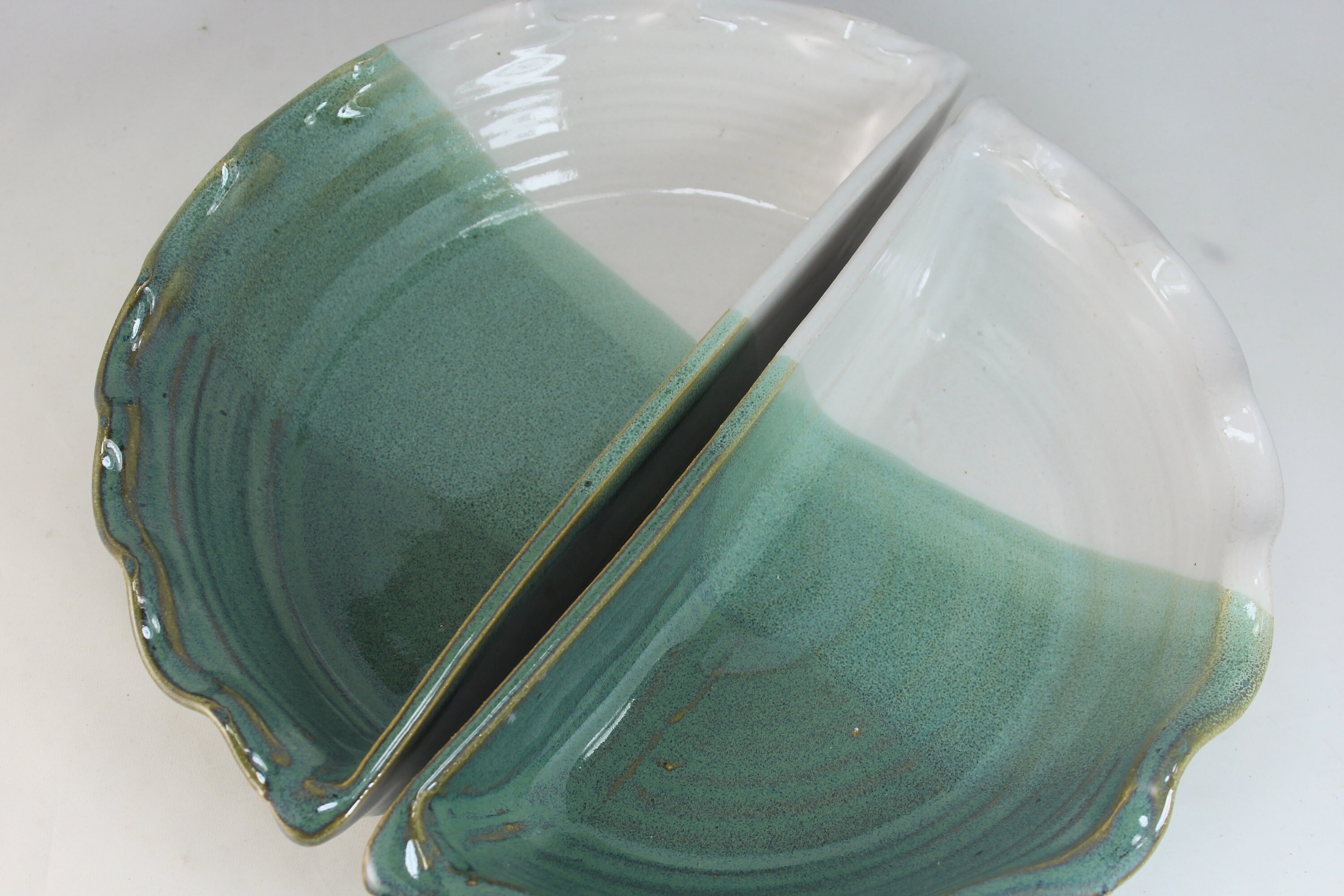 HALF PIE PLATE. Handmade Stoneware in Green / White Glazed Etsy