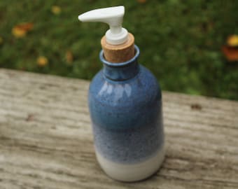 HANDTHROWN SOAP DISPENSER, for Liquid Dish & Bath Soap. High Fired Pottery in Blue /  White Glaze