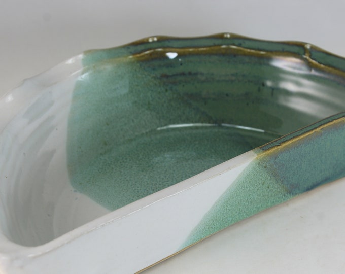 HALF PIE PLATE. Handmade Stoneware in Green / White Glazed Finish