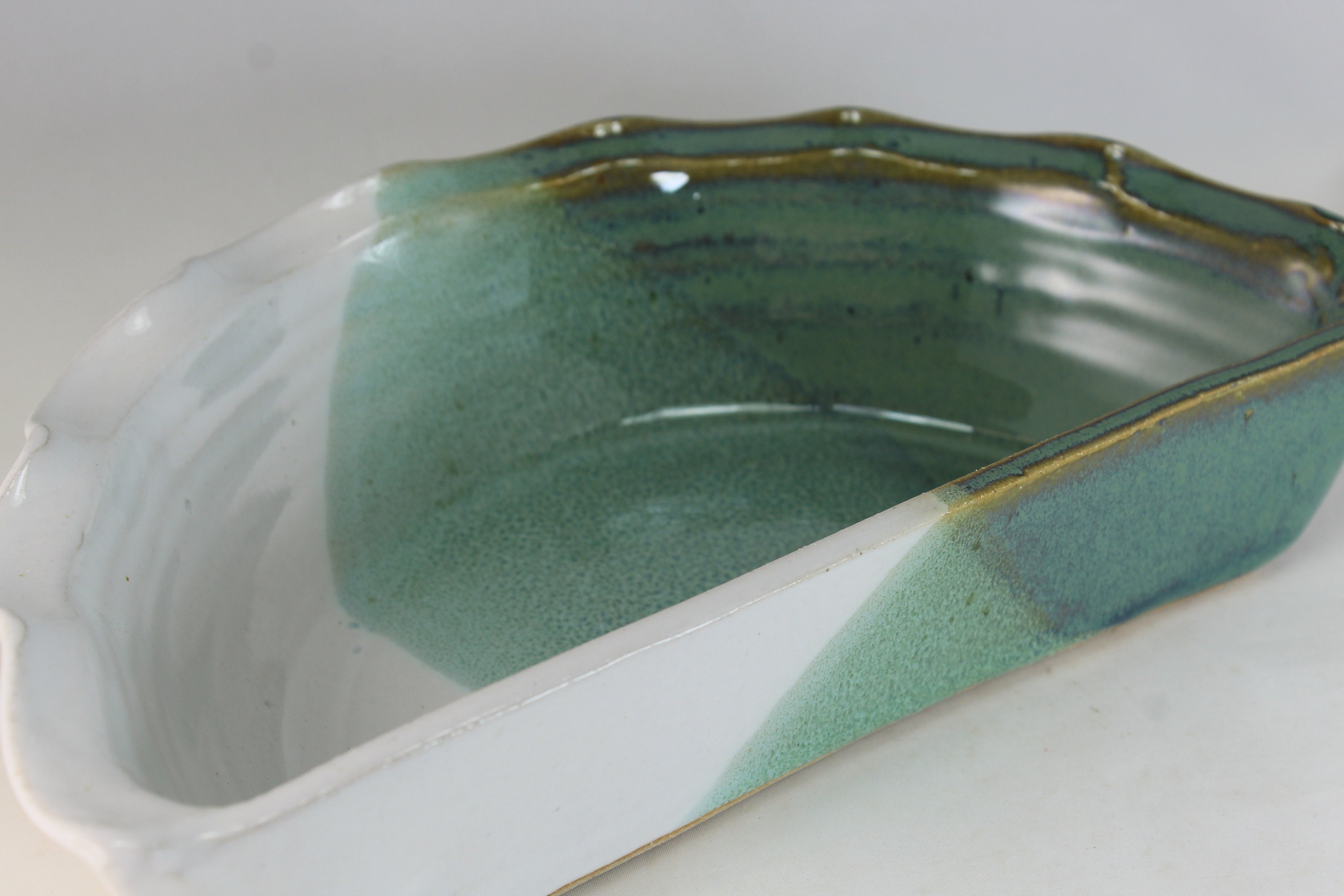 HALF PIE PLATE. Handmade Stoneware in Green / White Glazed Finish