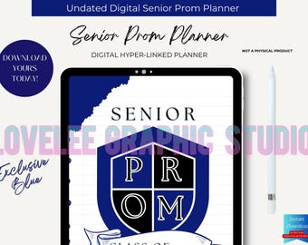 Alles-in-één digitale schoolfeestplanner voor middelbare scholieren, exclusieve blauwe digitale seniorenplanner van PromLineUp, gelinkte pdf GoodNotes