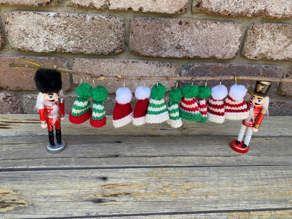 Mini Christmas Beanie Knitting Pattern, fun Christmas knitting, Xmas earrings, Xmas decorations, knitted decorations Xmas Christmas English