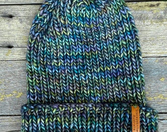 Mens blue beanie, green beanie, merino beanie, winter beanie, stretchy beanie, hand knitted beanie, Malabrigo beanie, ladies beanie