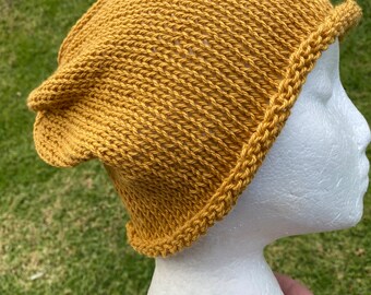 Slouchy beanie, knitted mens mustard slouchy beanie, vegan beanie, vegan slouch, organic cotton beanie, cotton hat slouch, mustard toque hat