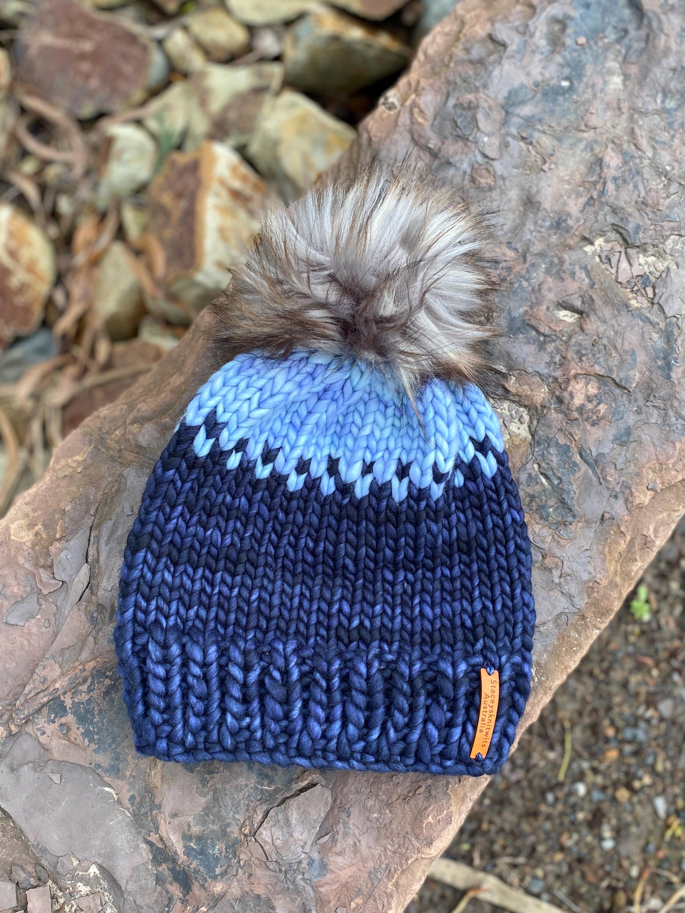 Loopy Mango Beanie Hat Womens OS Blue White Chunky Merino Wool Pom Pom Handmade Loopy Mango - 2 Tone Pompom Hat - PATTERN- Merino No. 5  main image 4