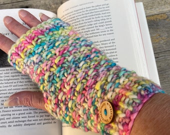 Handmade knitted rainbow Handwarmers, ladies Fingerless gloves, rainbow wristwarmers, small  gloves, bright gloves, winter texting gloves